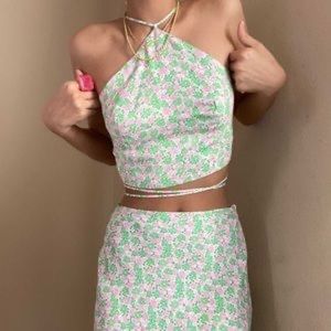 Zara pink and green floral halter corset back top (XS)